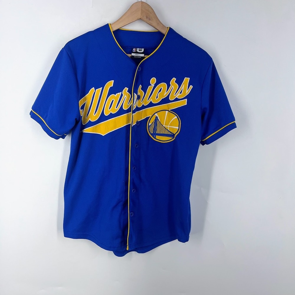 NBA Golden State Warriors Baseball Jersey Blue Yellow Small 46 Button Up Mesh
